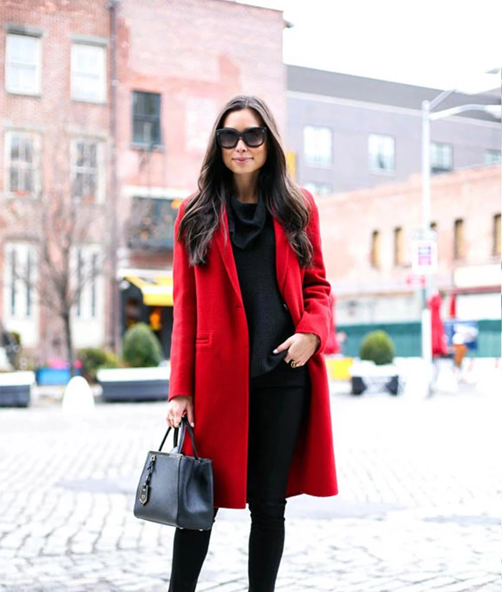 Red Single Breasted Wool Walker Coat Women