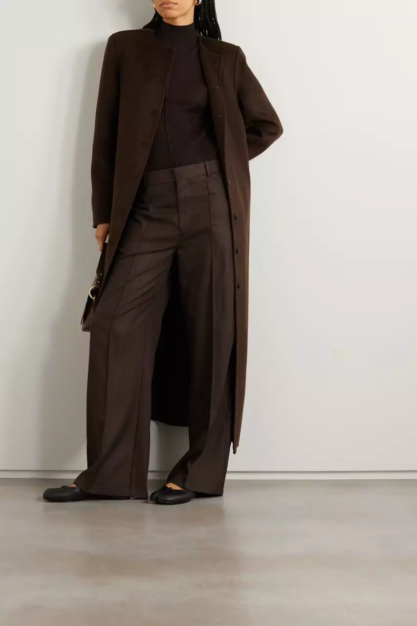 Rosario Womens Collarless Dark Brown Wool Trench Coat