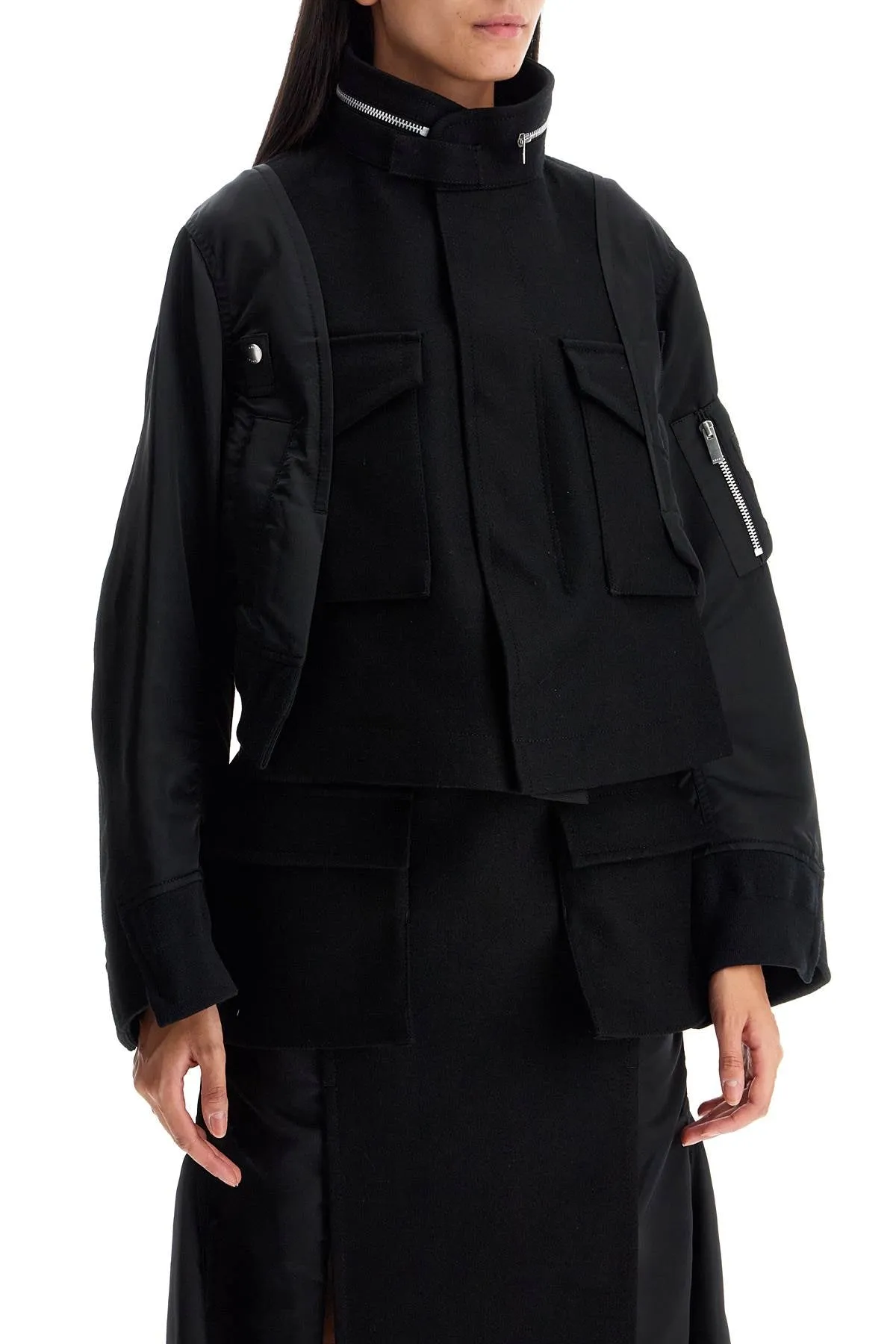 Sacai Boxy Wool And Nylon Jacket   Black