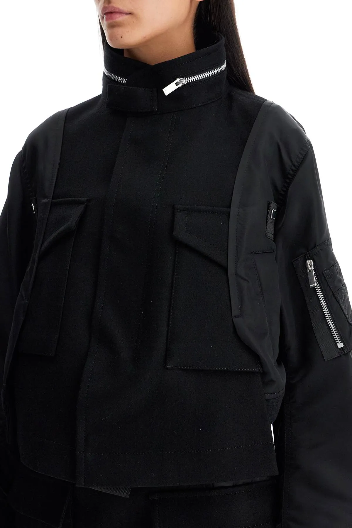 Sacai Boxy Wool And Nylon Jacket   Black