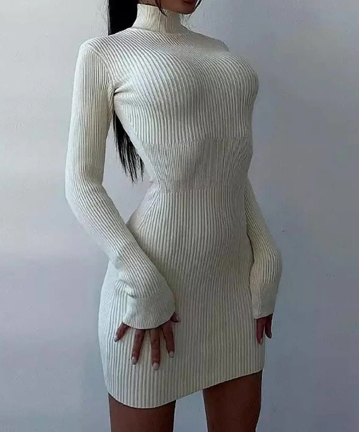 Turtleneck Long Sleeve Slim Midi Dress