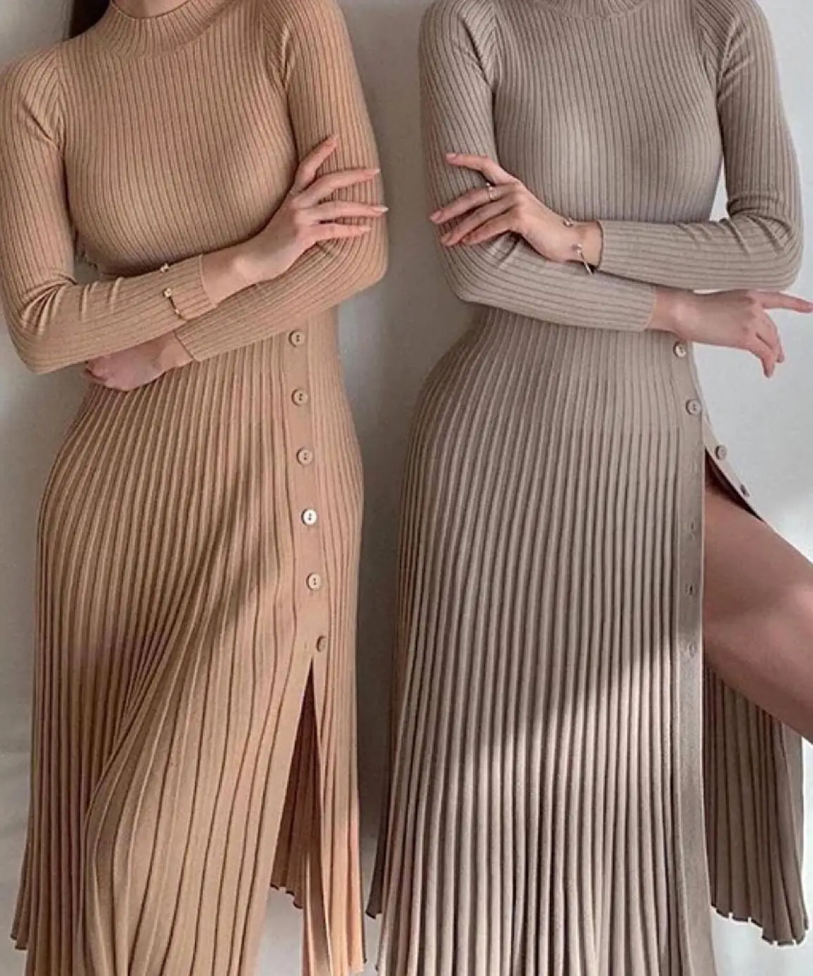 Turtleneck Stripe Knit Button Slit Dress