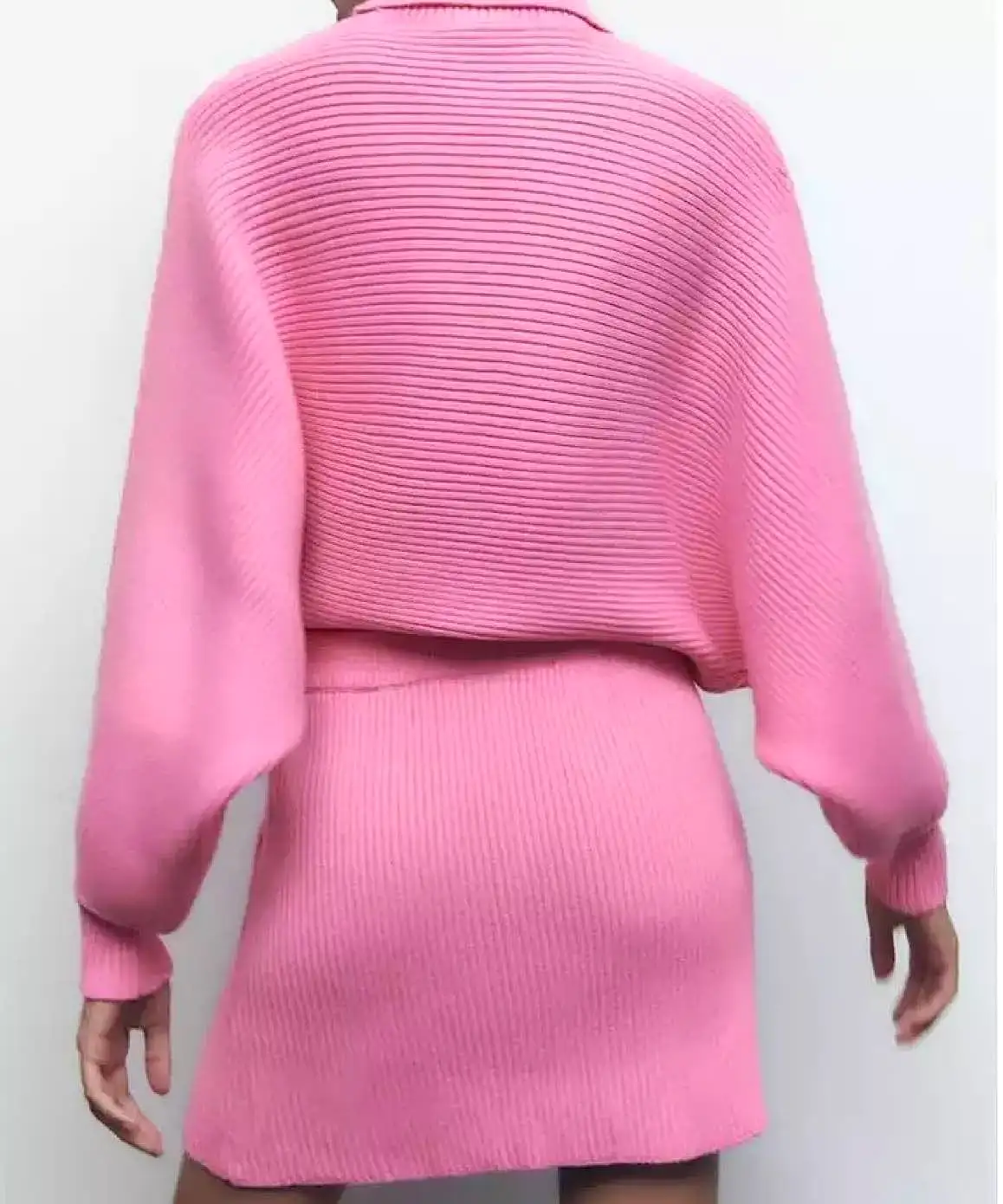 Turtleneck Top And Skirt Knit Set In Pink