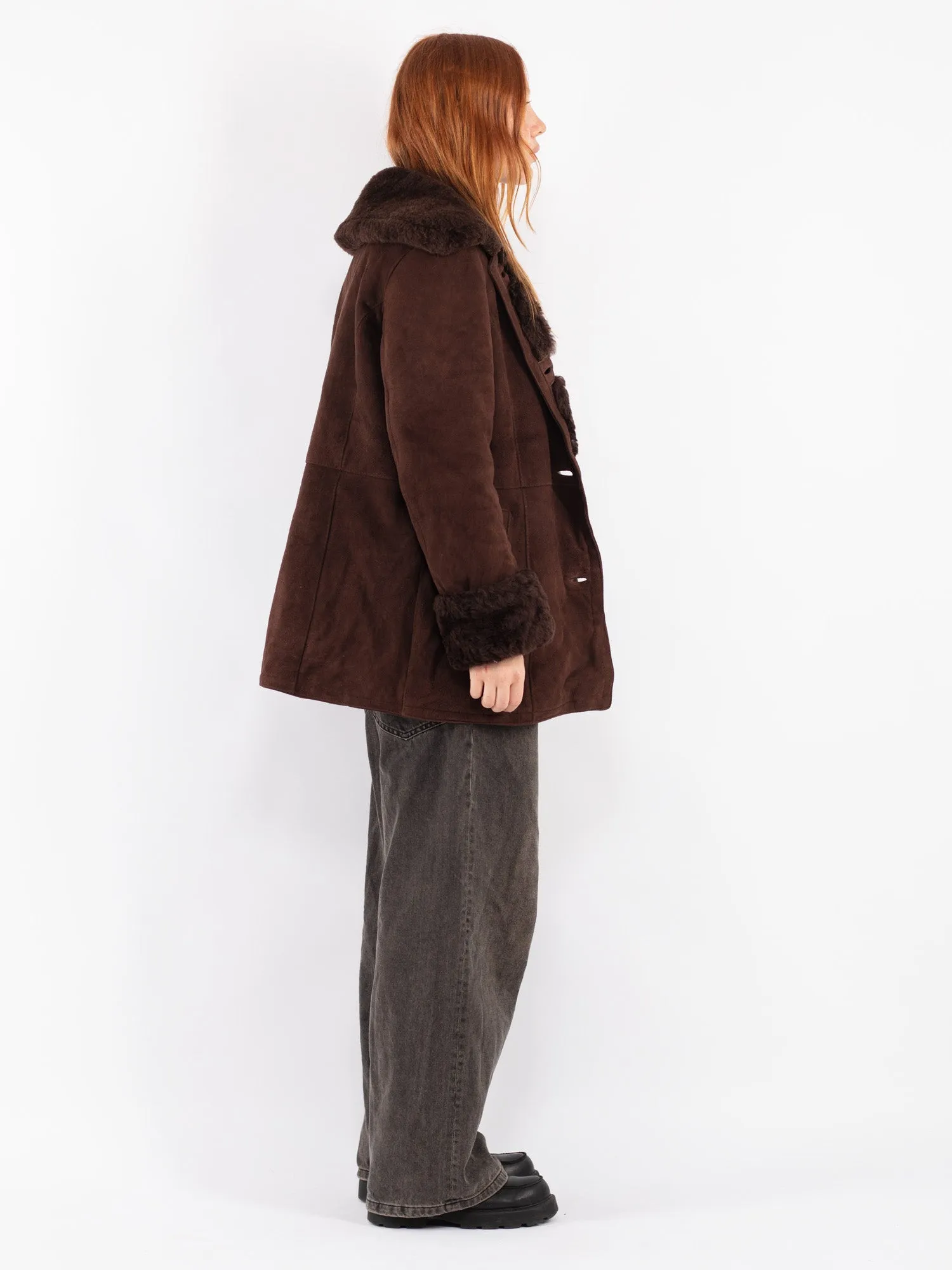 Vintage 90's Women Sheepskin Shearling Coat in Brown