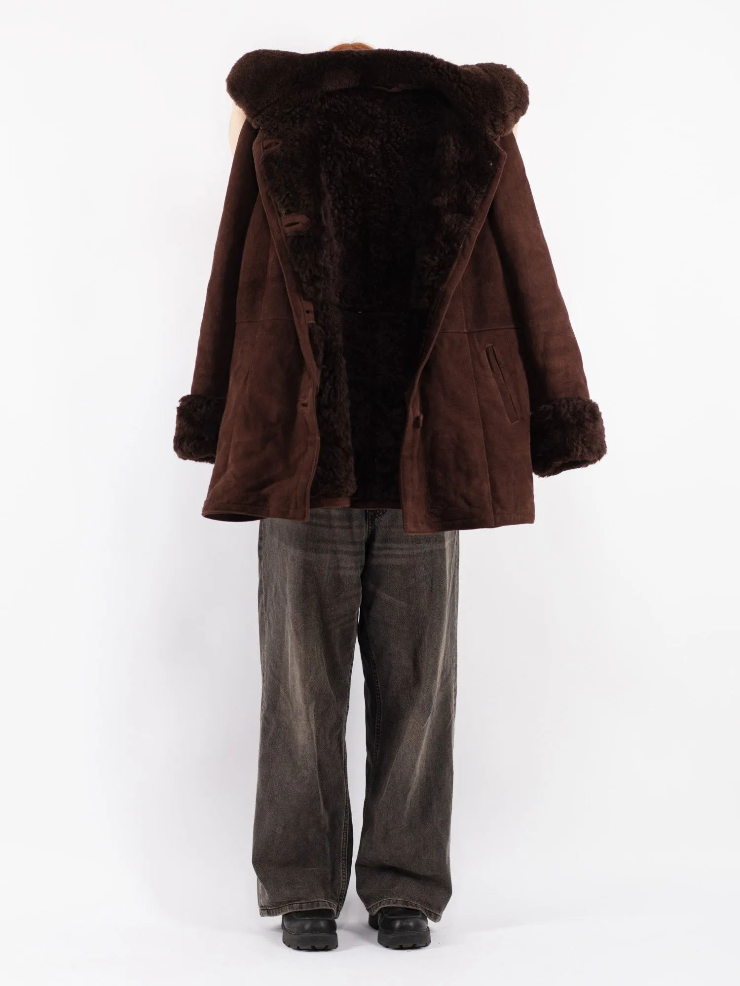 Vintage 90's Women Sheepskin Shearling Coat in Brown