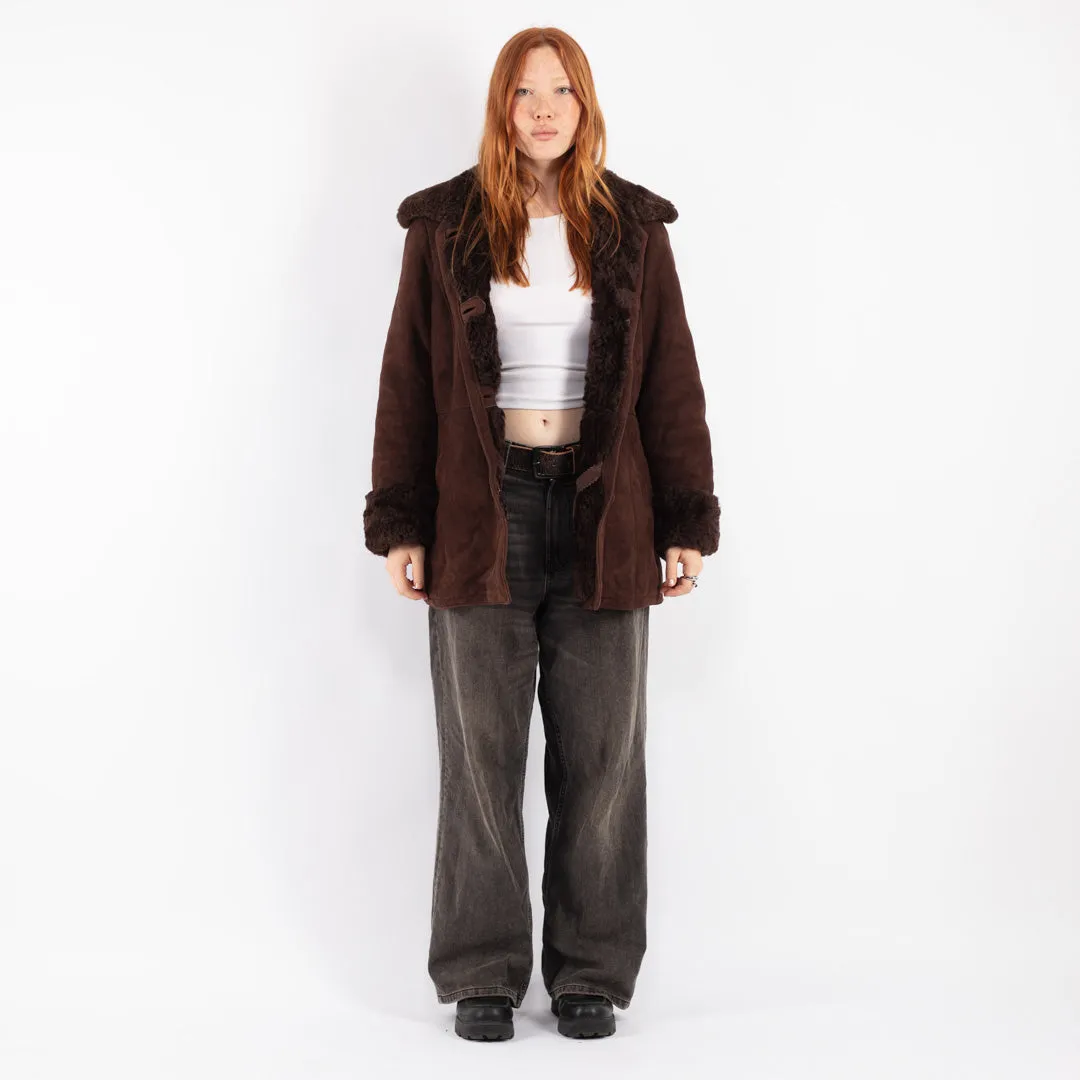 Vintage 90's Women Sheepskin Shearling Coat in Brown