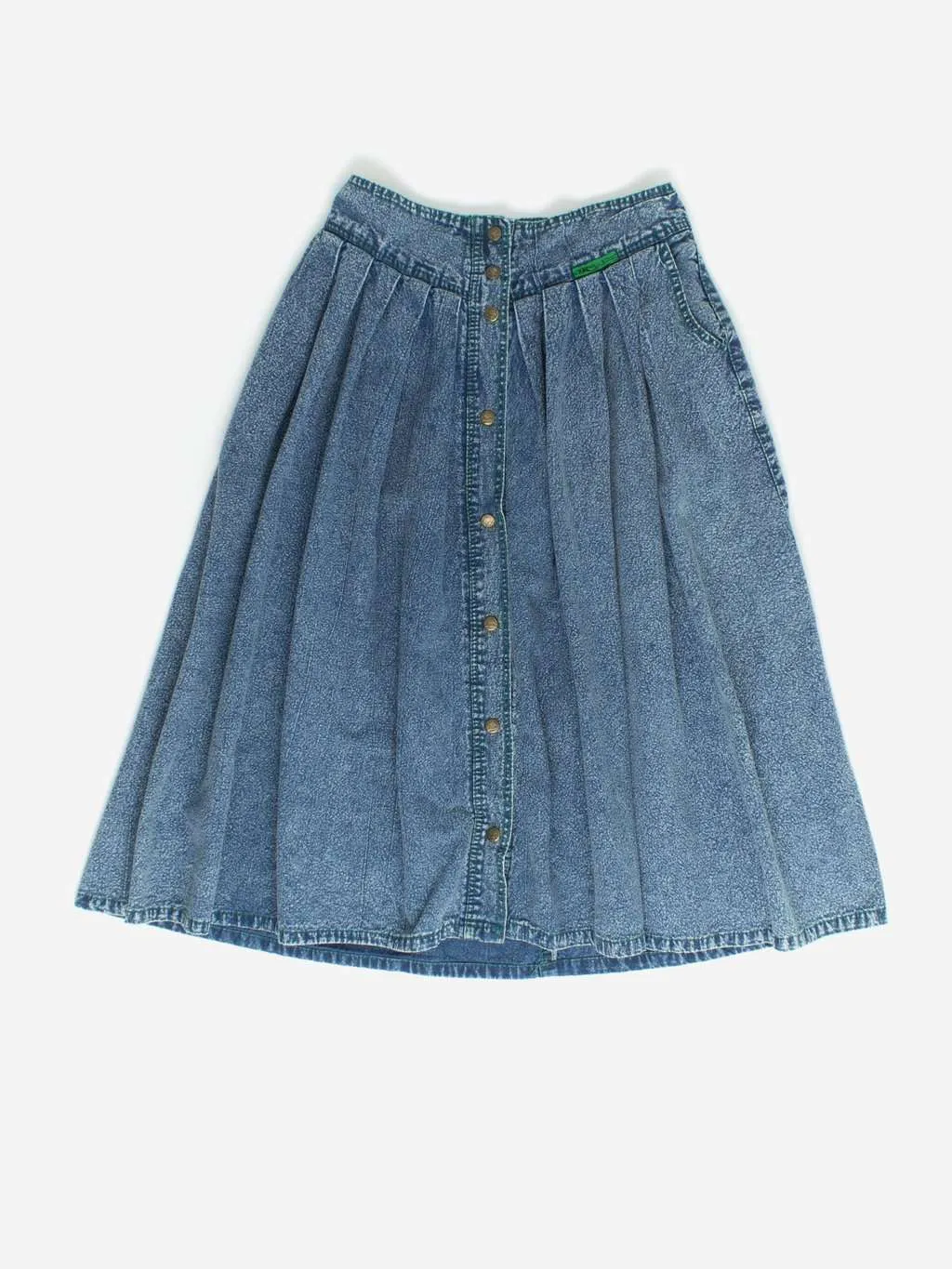 Vintage button through denim skirt with green piping – Small / Medium