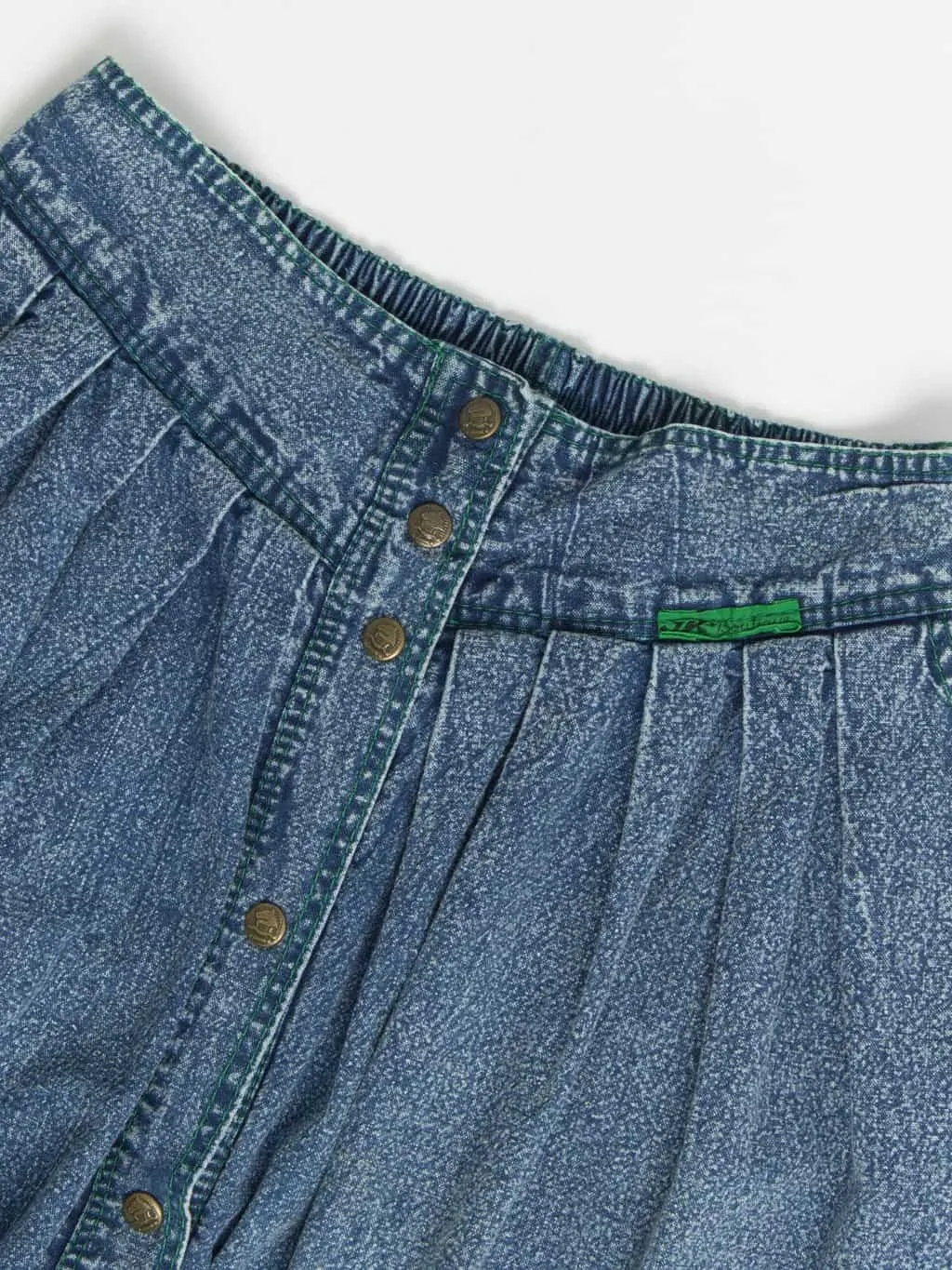 Vintage button through denim skirt with green piping – Small / Medium