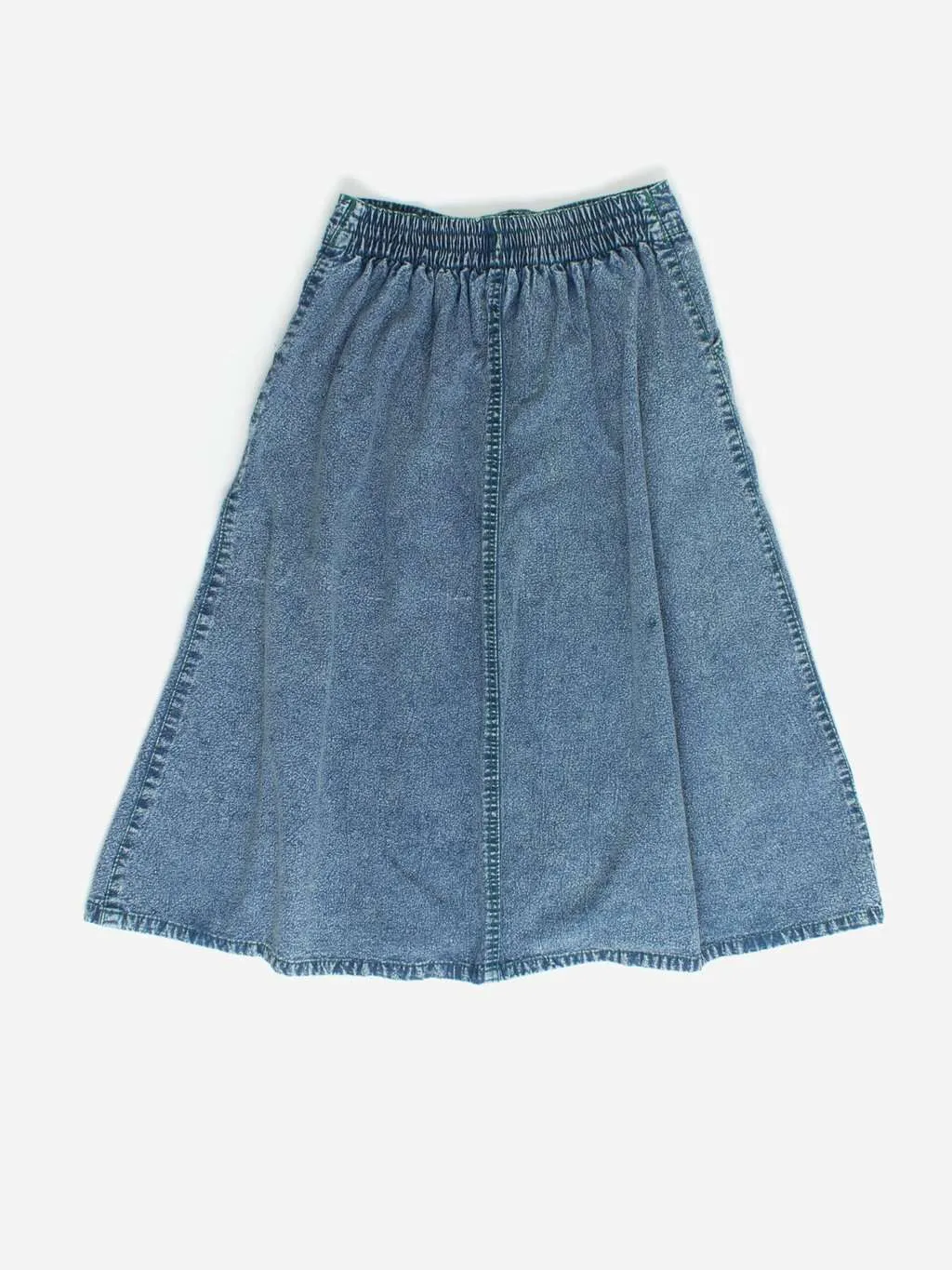 Vintage button through denim skirt with green piping – Small / Medium