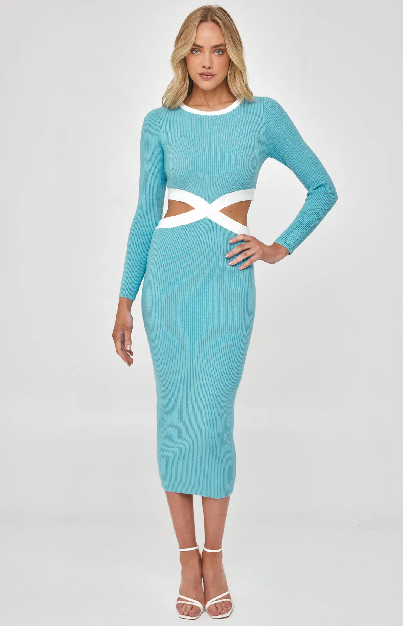 Wide Contrast Binding Waist Cut Out Knit Dress (WKN367) 