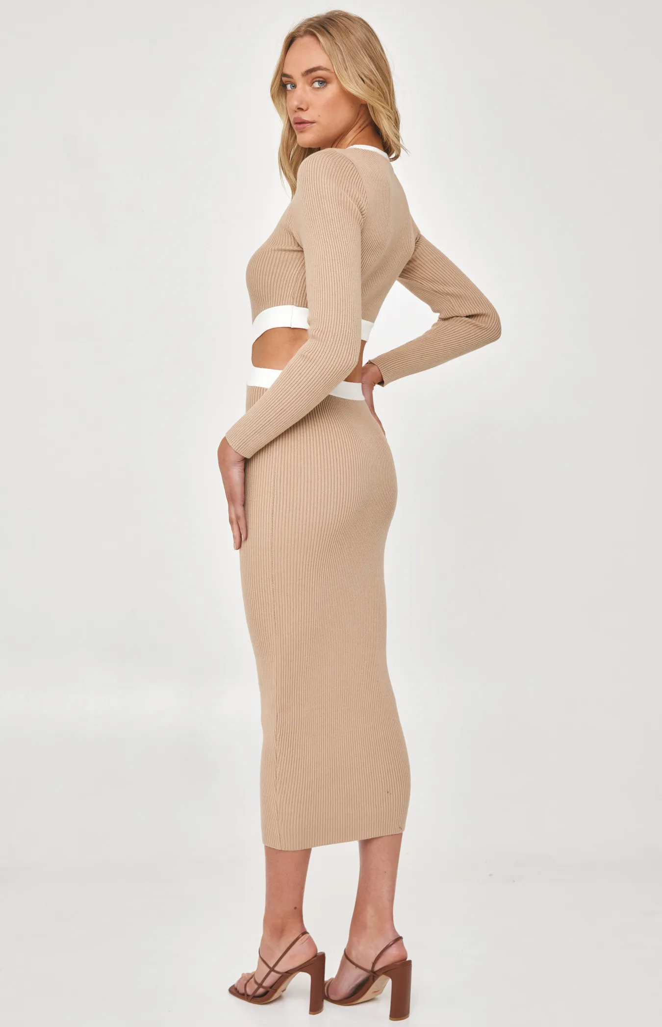 Wide Contrast Binding Waist Cut Out Knit Dress (WKN367) 