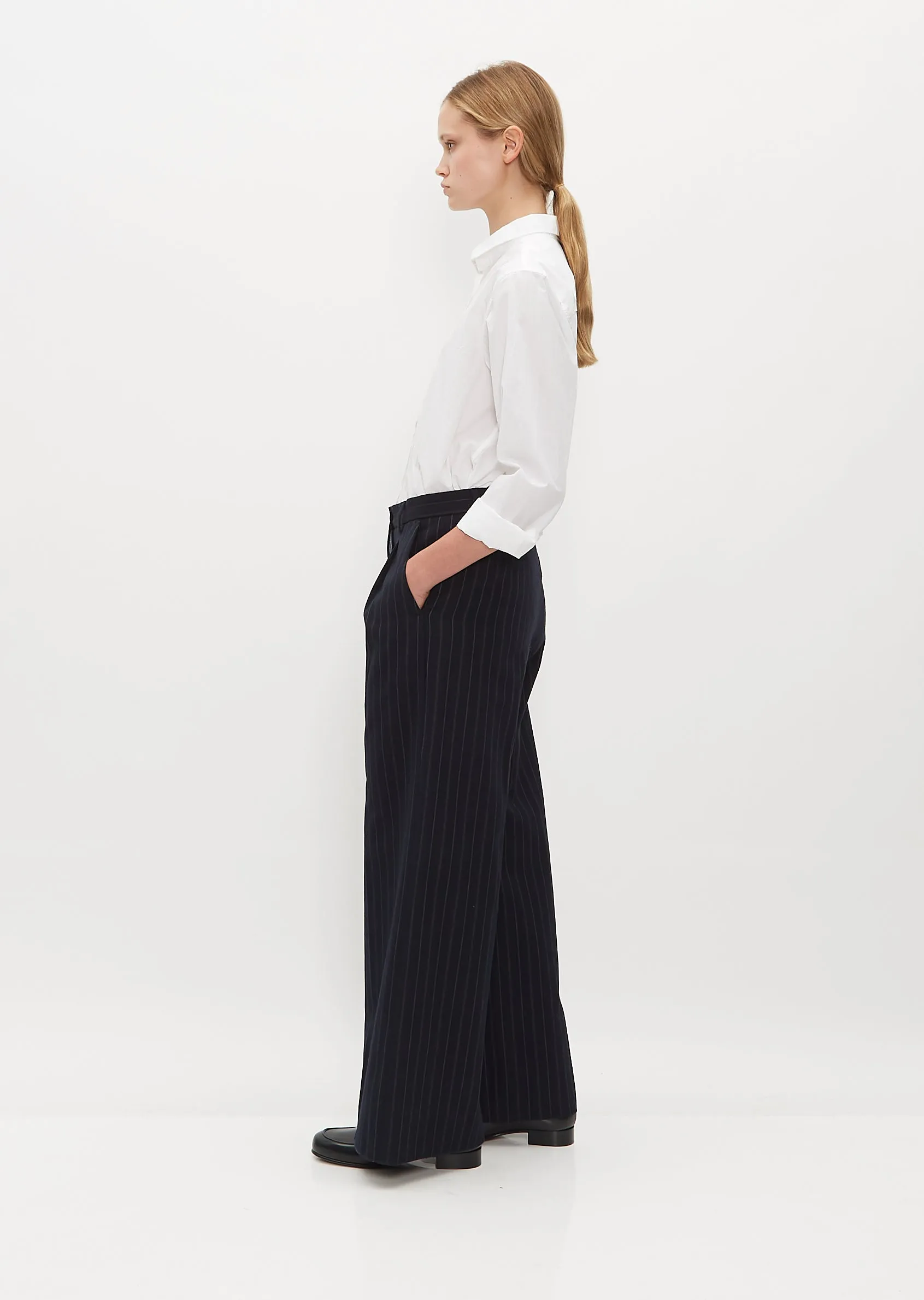 Wide Wool and Linen Farmer Pants — Navy Stripe