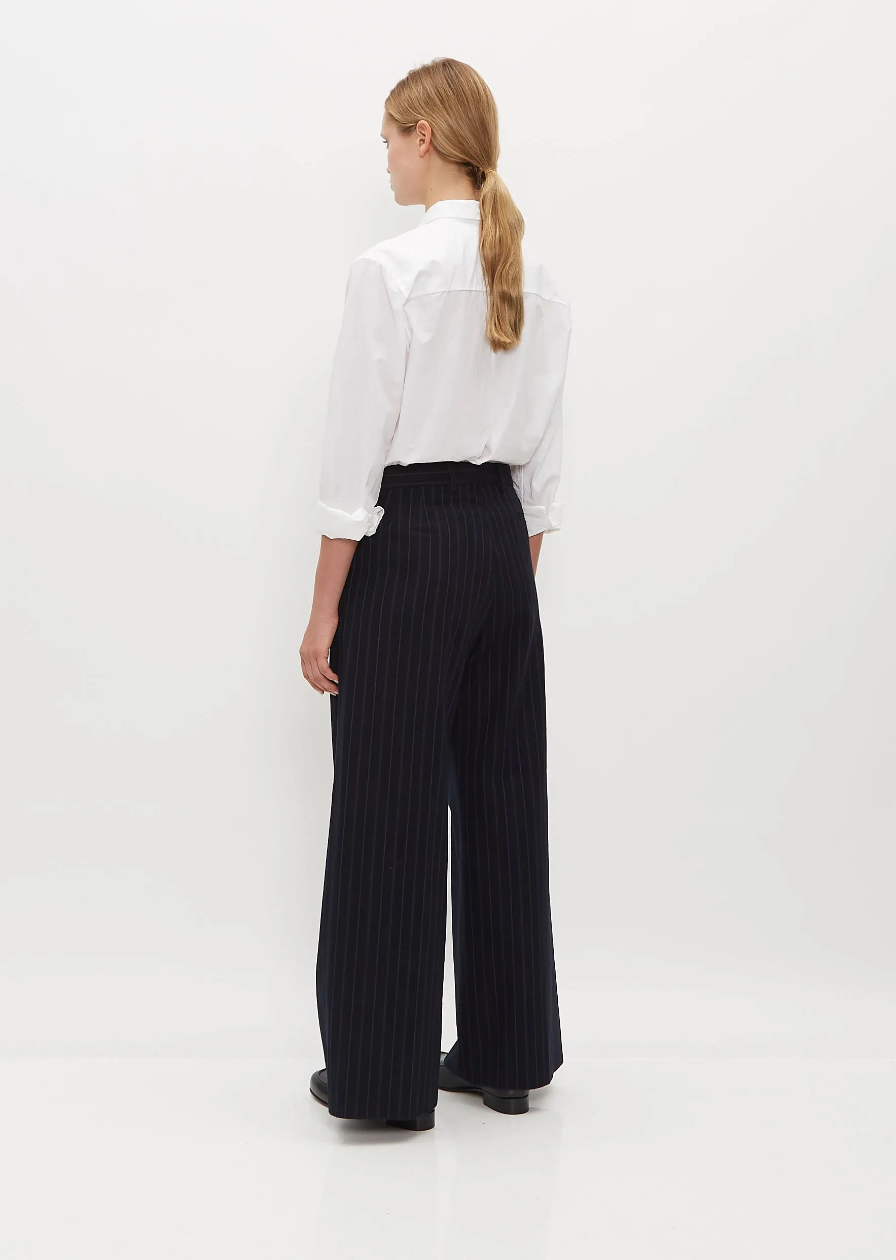 Wide Wool and Linen Farmer Pants — Navy Stripe