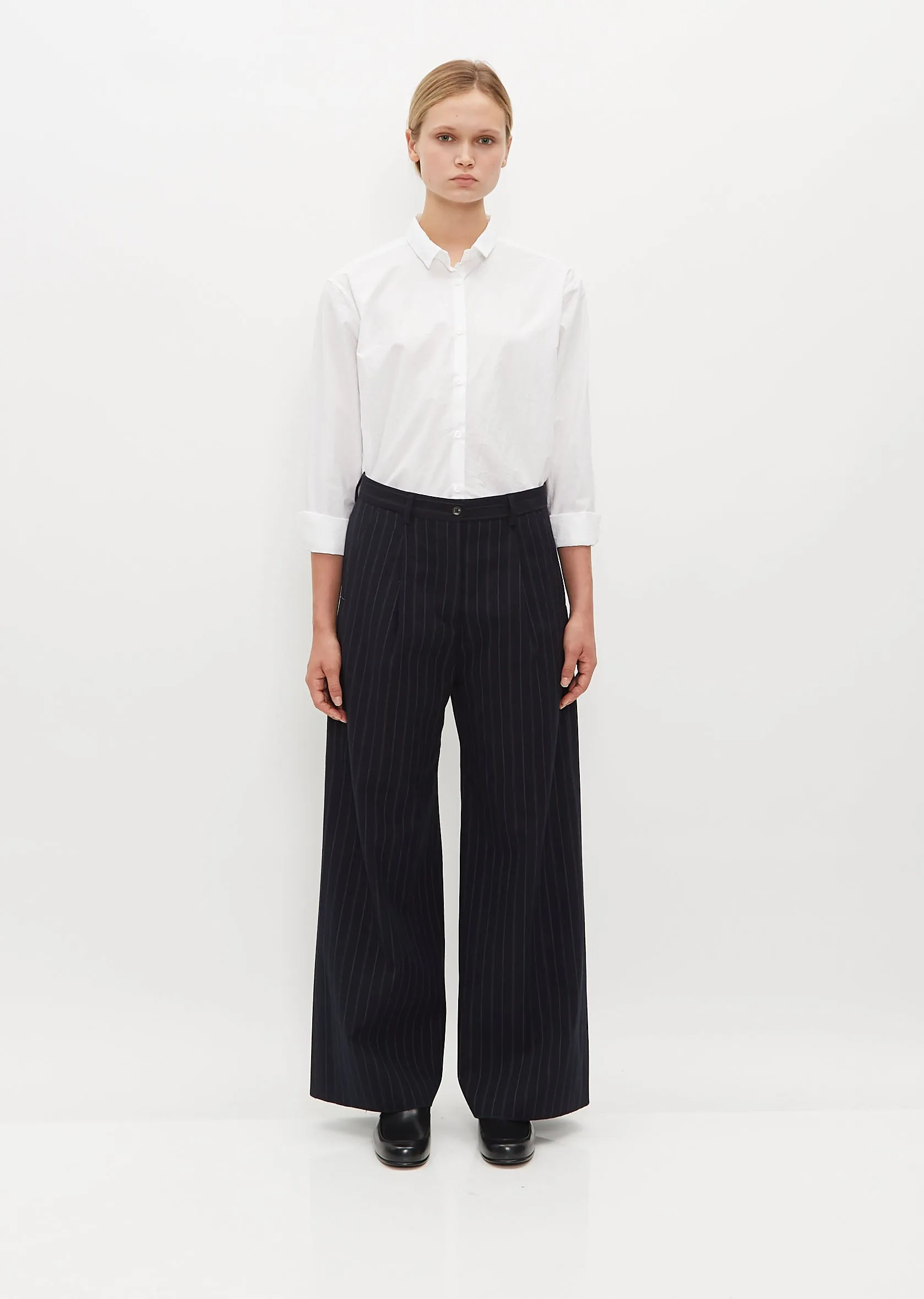 Wide Wool and Linen Farmer Pants — Navy Stripe