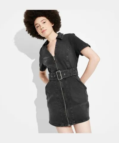 Wild Fable Women's Short Sleeve Belted Denim Mini Dress