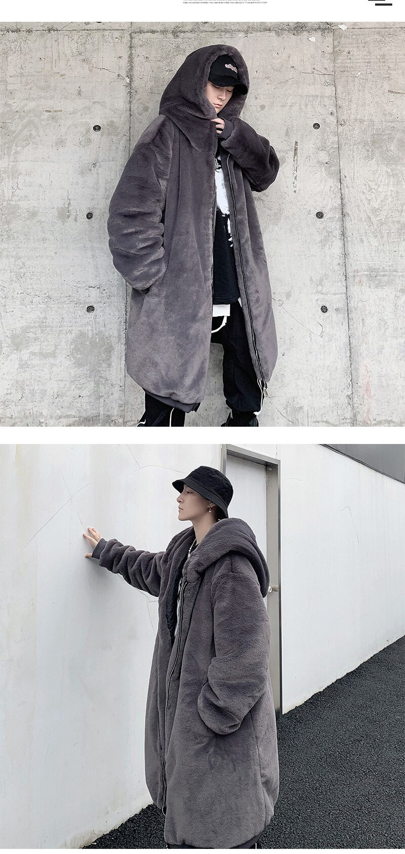 Winter Fashion Loose Long Hooded Imitation Rabbit Hair Fur Coat for Men