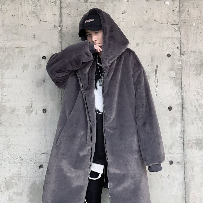 Winter Fashion Loose Long Hooded Imitation Rabbit Hair Fur Coat for Men