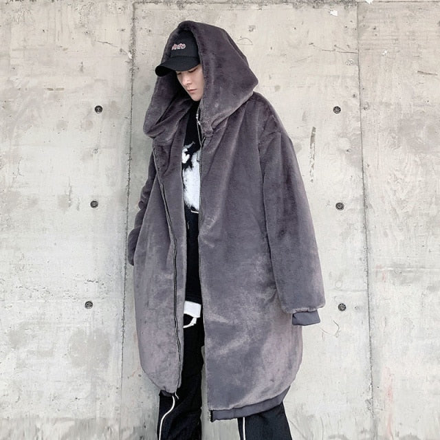 Winter Fashion Loose Long Hooded Imitation Rabbit Hair Fur Coat for Men