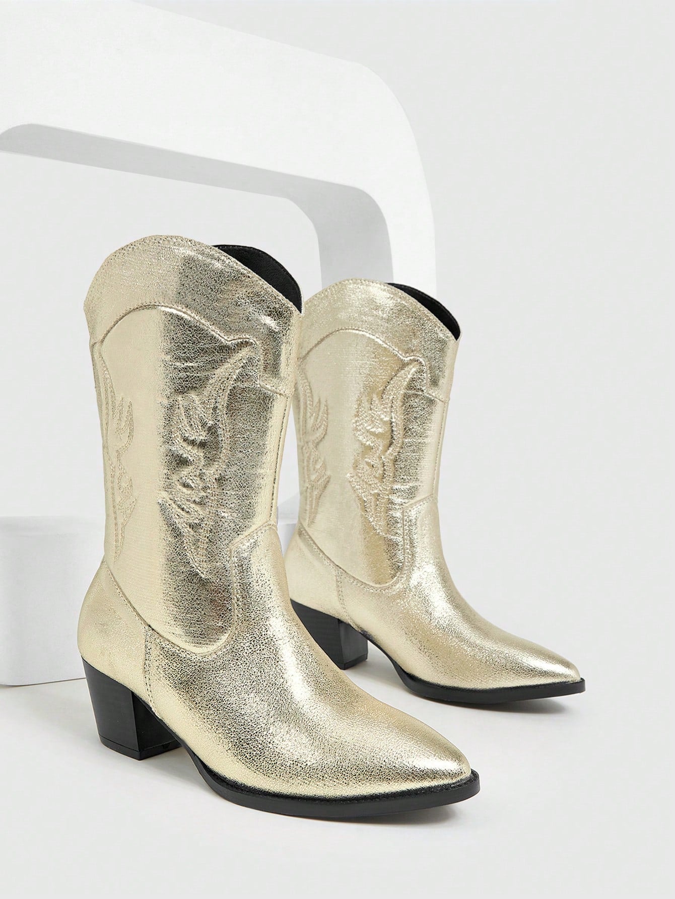 Women Shoes Fashion Point Toe Chunky Heel Gold Western Boots