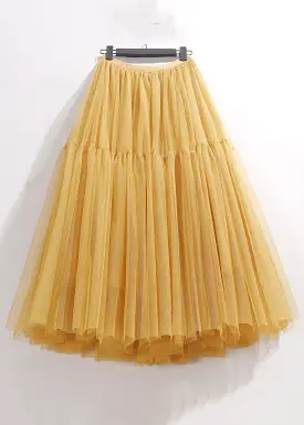 Women Yellow Wrinkled Elastic Waist Tulle Skirt Summer AS1095