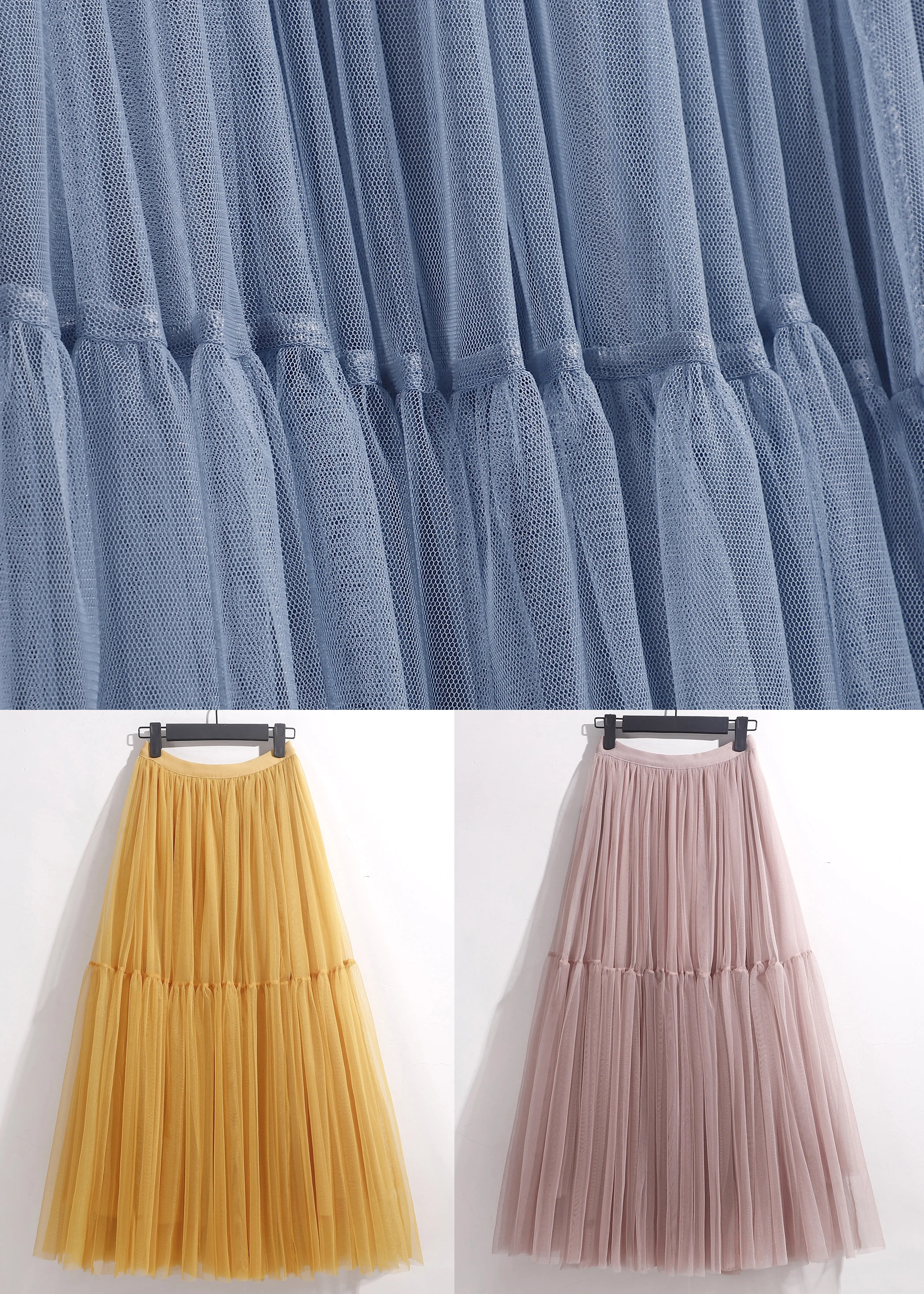 Women Yellow Wrinkled Elastic Waist Tulle Skirt Summer AS1095