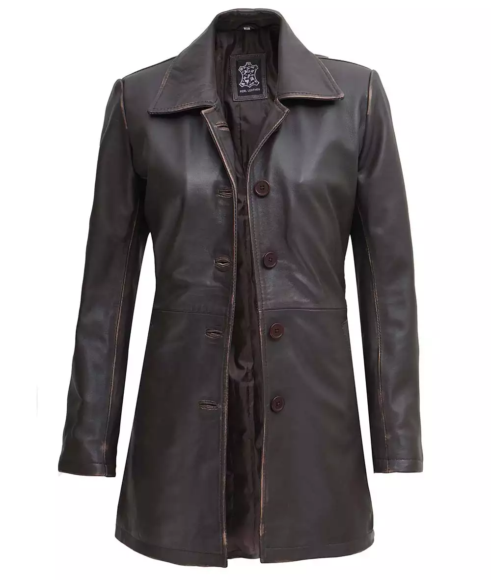 Women's Real Leather Distressed Brown 3/4 Length Coat