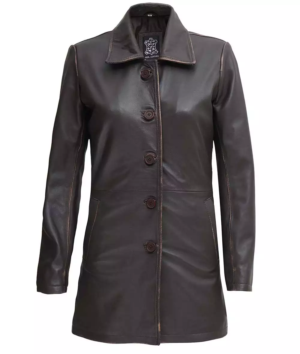 Women's Real Leather Distressed Brown 3/4 Length Coat