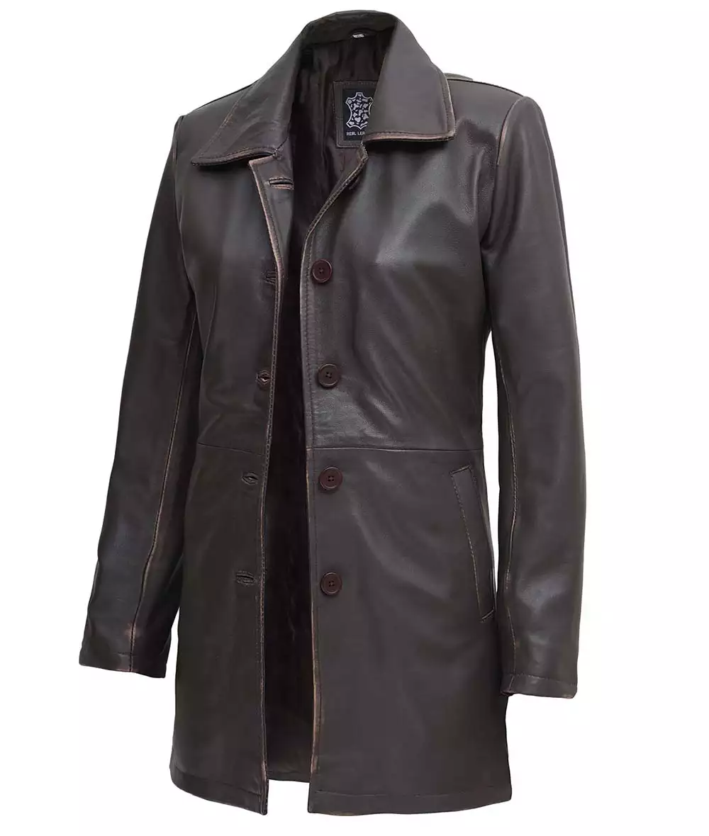 Women's Real Leather Distressed Brown 3/4 Length Coat