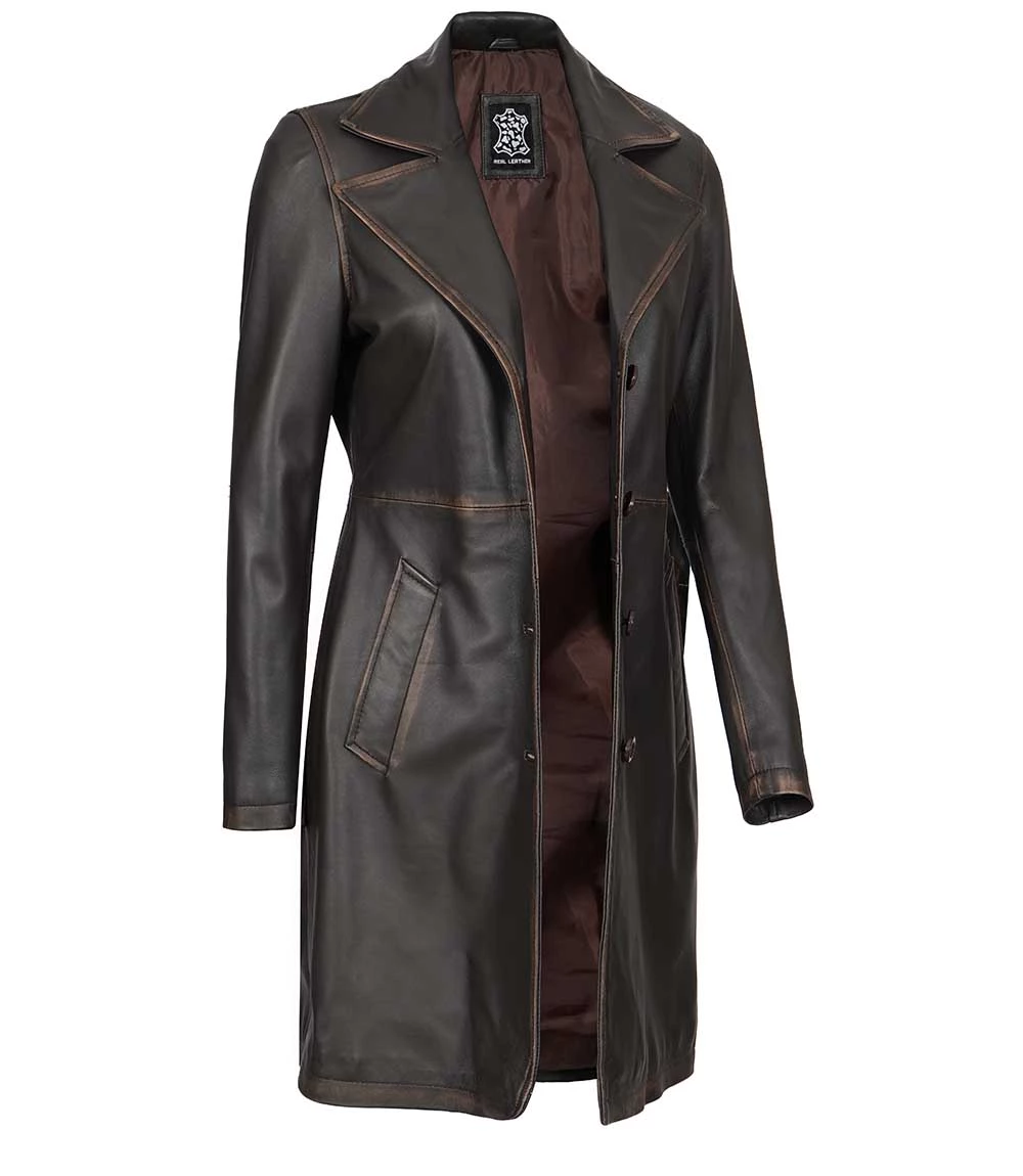 Women's Rub Off Dark Brown Leather Long 3/4 Coat - Winter Long Jacket