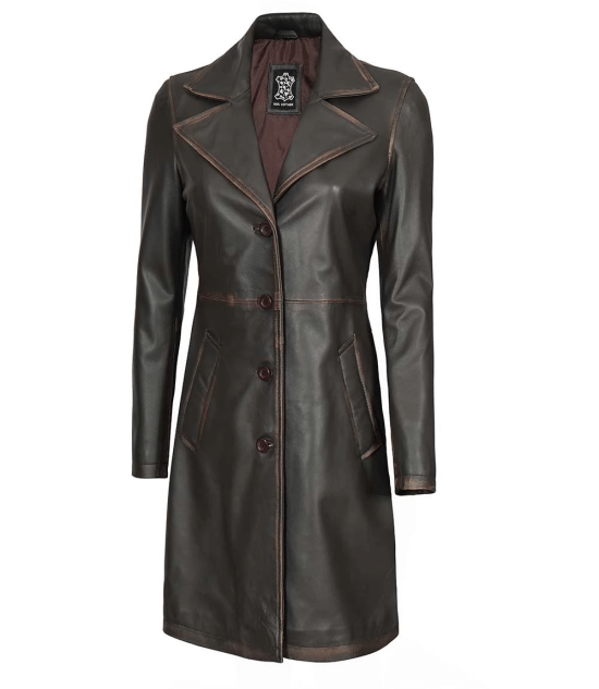 Women's Rub Off Dark Brown Leather Long 3/4 Coat - Winter Long Jacket