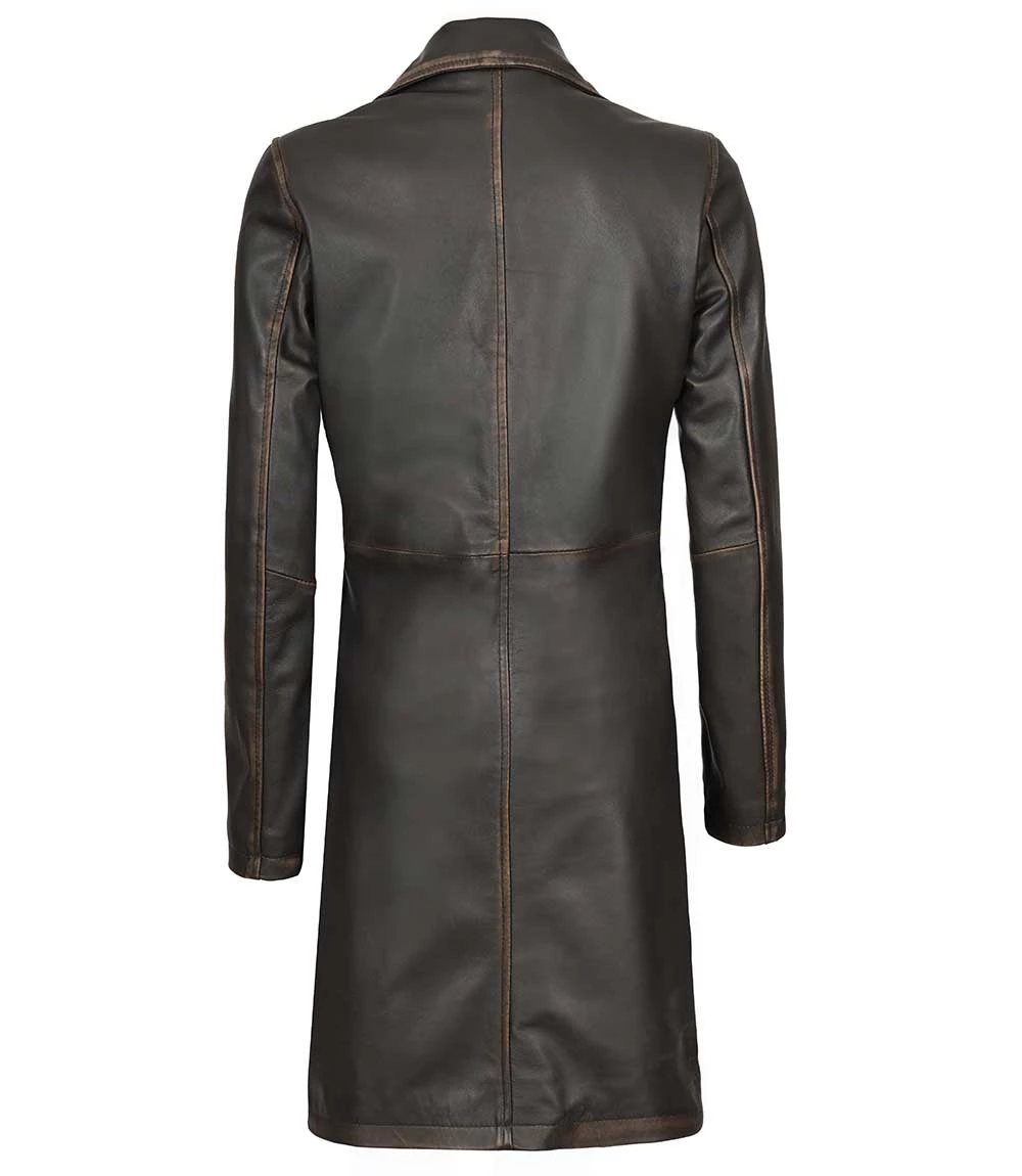 Women's Rub Off Dark Brown Leather Long 3/4 Coat - Winter Long Jacket