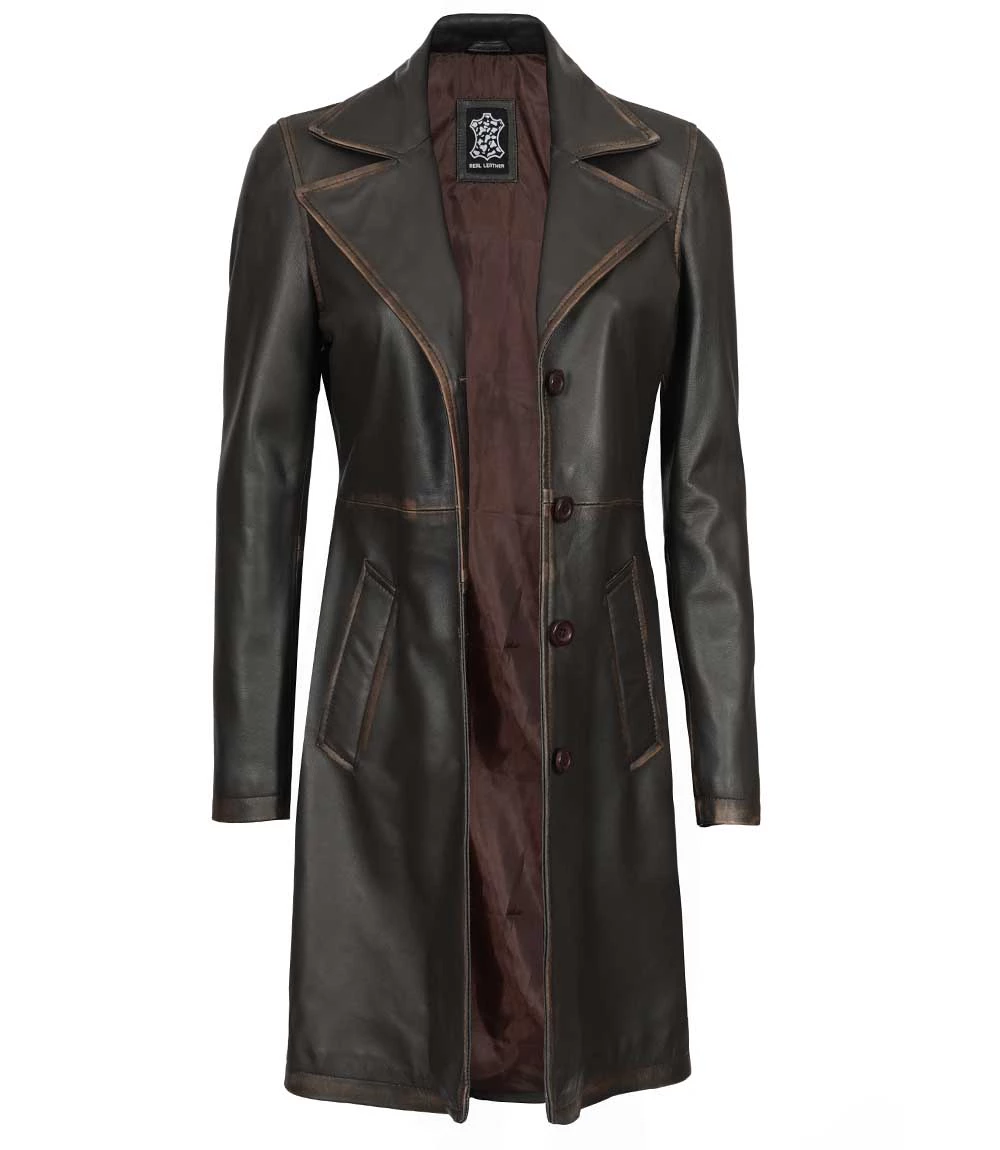 Women's Rub Off Dark Brown Leather Long 3/4 Coat - Winter Long Jacket