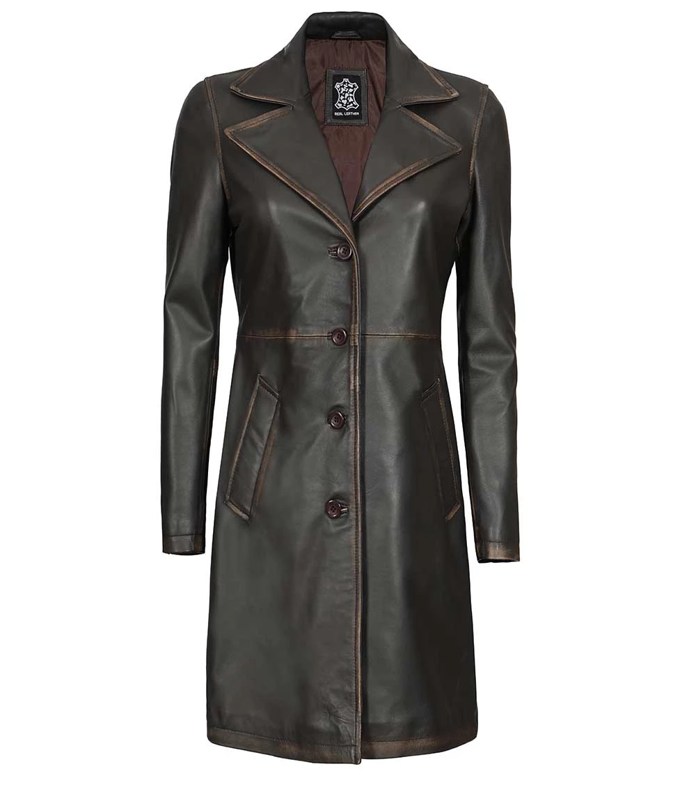 Women's Rub Off Dark Brown Leather Long 3/4 Coat - Winter Long Jacket