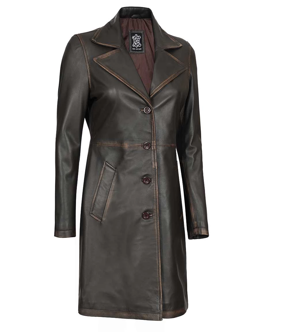 Women's Rub Off Dark Brown Leather Long 3/4 Coat - Winter Long Jacket