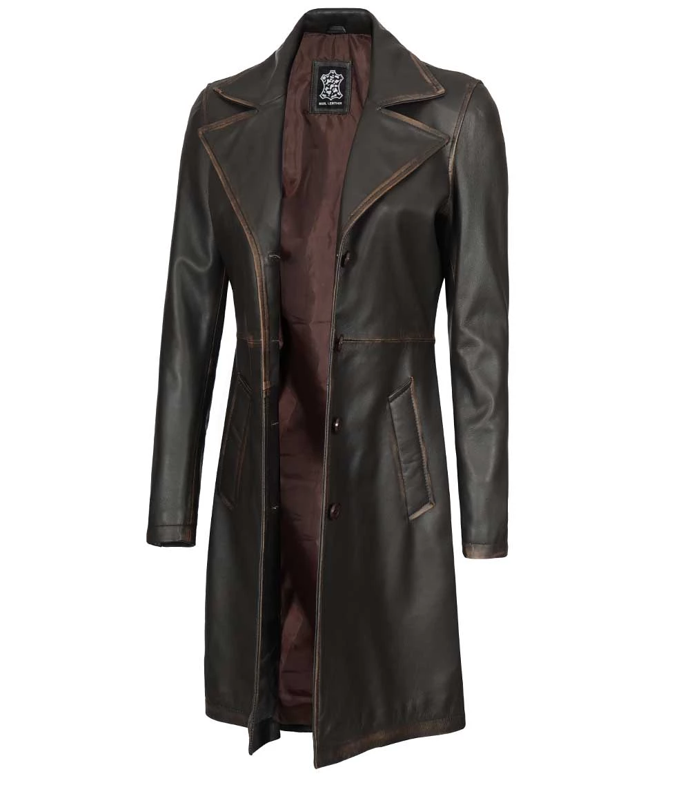 Women's Rub Off Dark Brown Leather Long 3/4 Coat - Winter Long Jacket