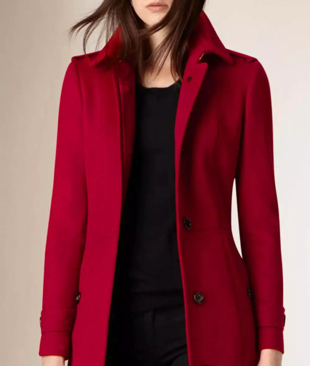 Women's Single Breasted Red Wool Coat -  3/4 Length