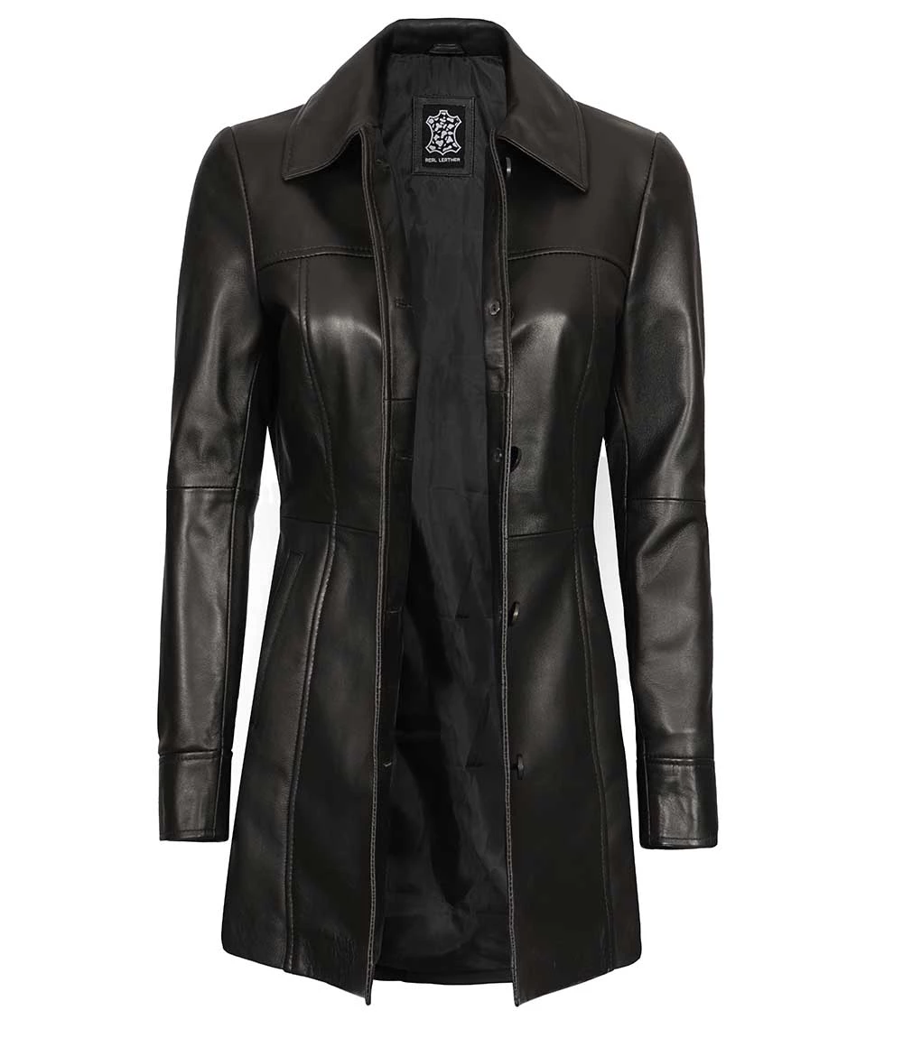 Womens 3/4 Length Real Black Leather Coat