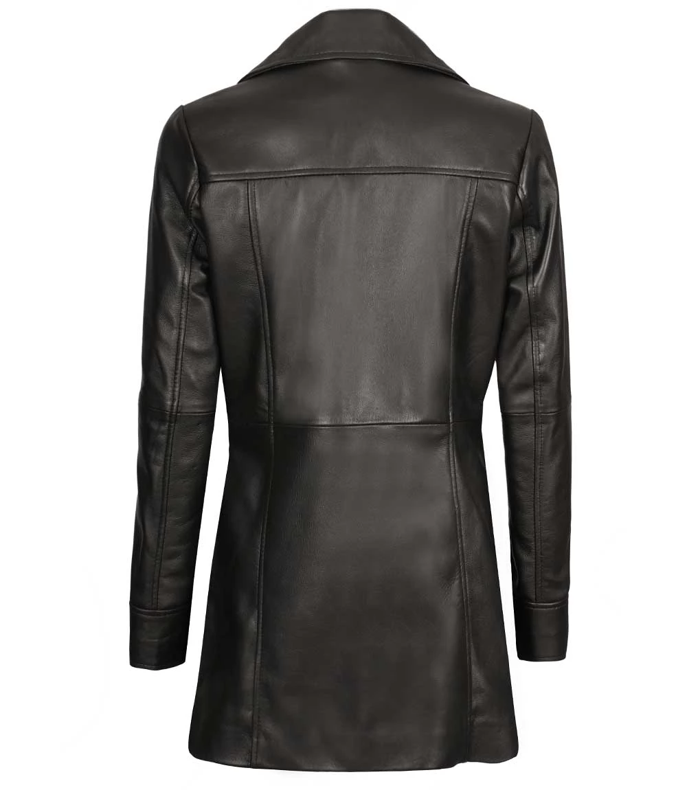 Womens 3/4 Length Real Black Leather Coat