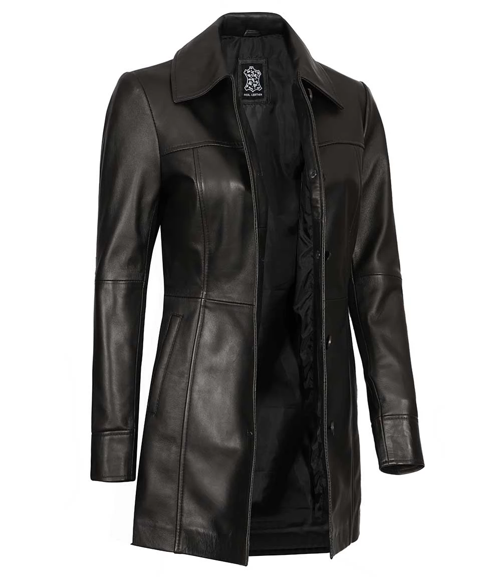 Womens 3/4 Length Real Black Leather Coat