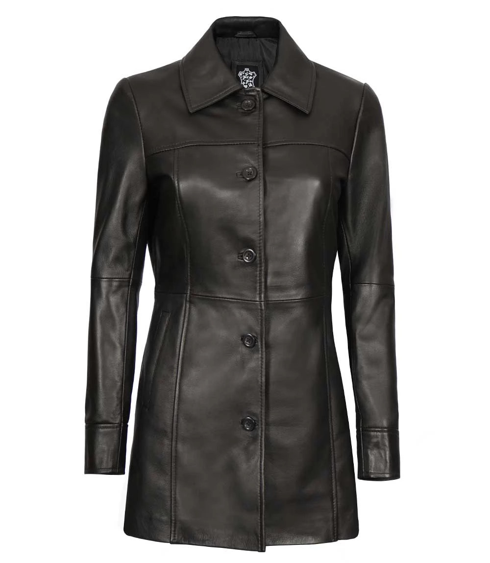 Womens 3/4 Length Real Black Leather Coat