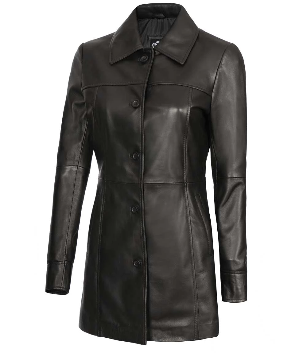 Womens 3/4 Length Real Black Leather Coat