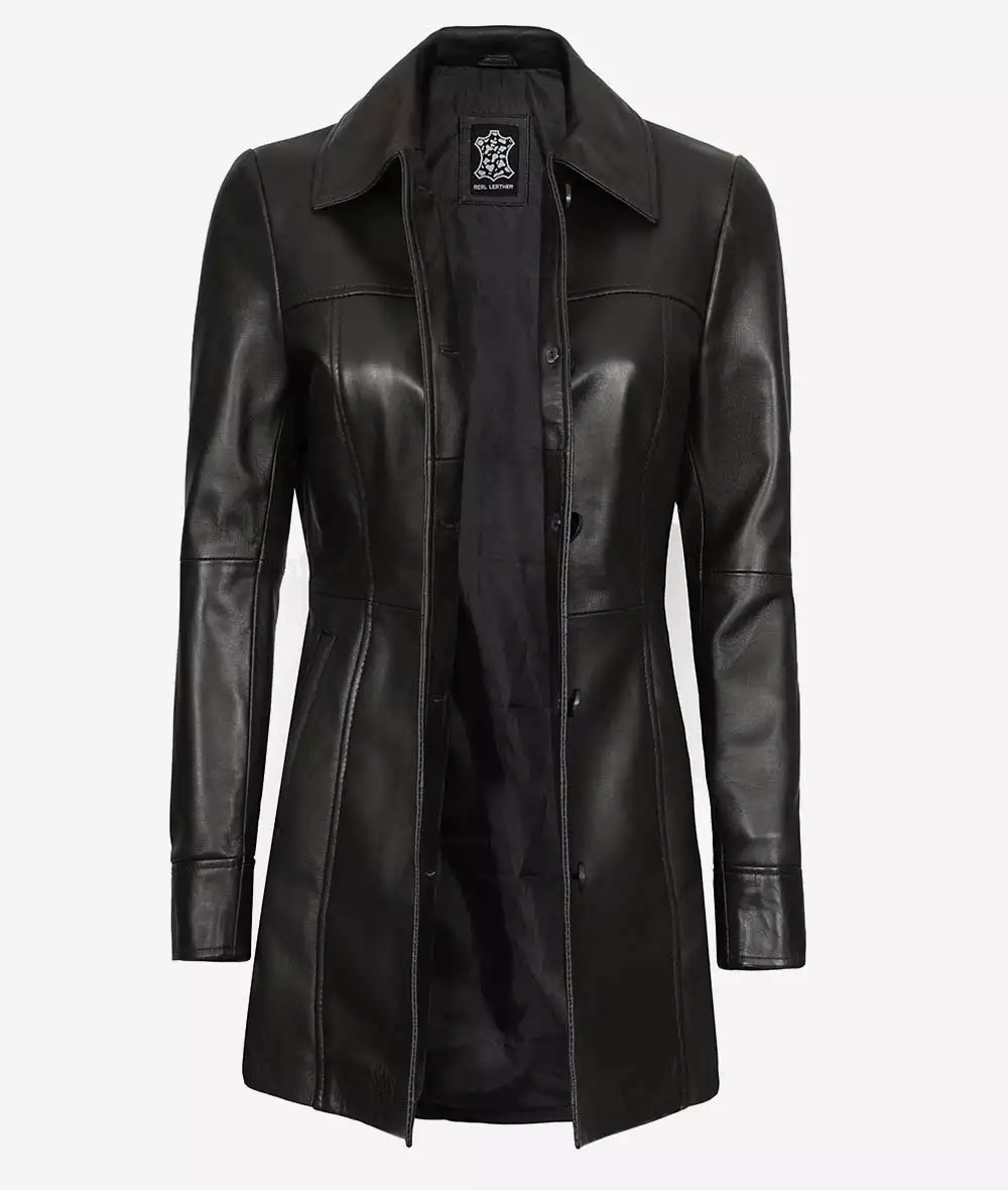 Womens Black 3/4 Length Leather Coat