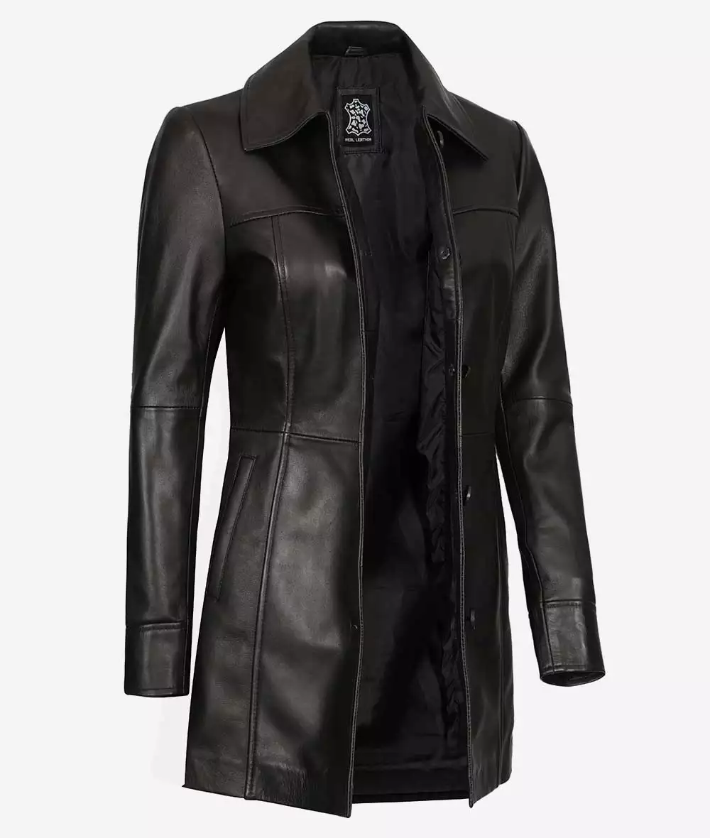 Womens Black 3/4 Length Leather Coat