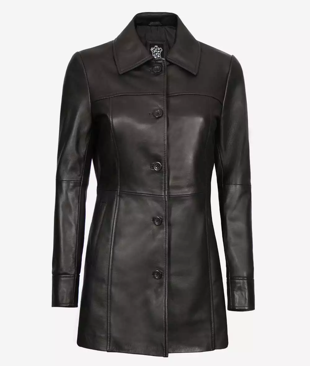 Womens Black 3/4 Length Leather Coat