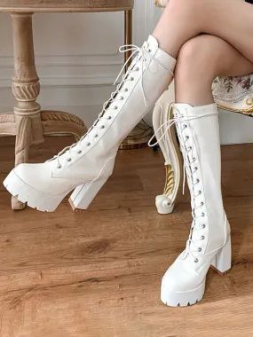 Women's Boots White Mid Calf Boots Round Toe 4.5 Tie Boots