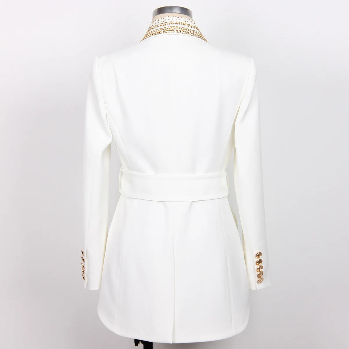 Women's Fashion Cotton Turn-down Metal Beaded Collar Blazer with Belt