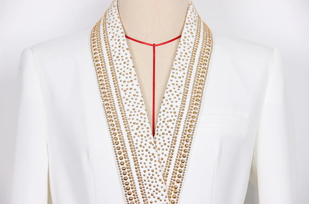 Women's Fashion Cotton Turn-down Metal Beaded Collar Blazer with Belt