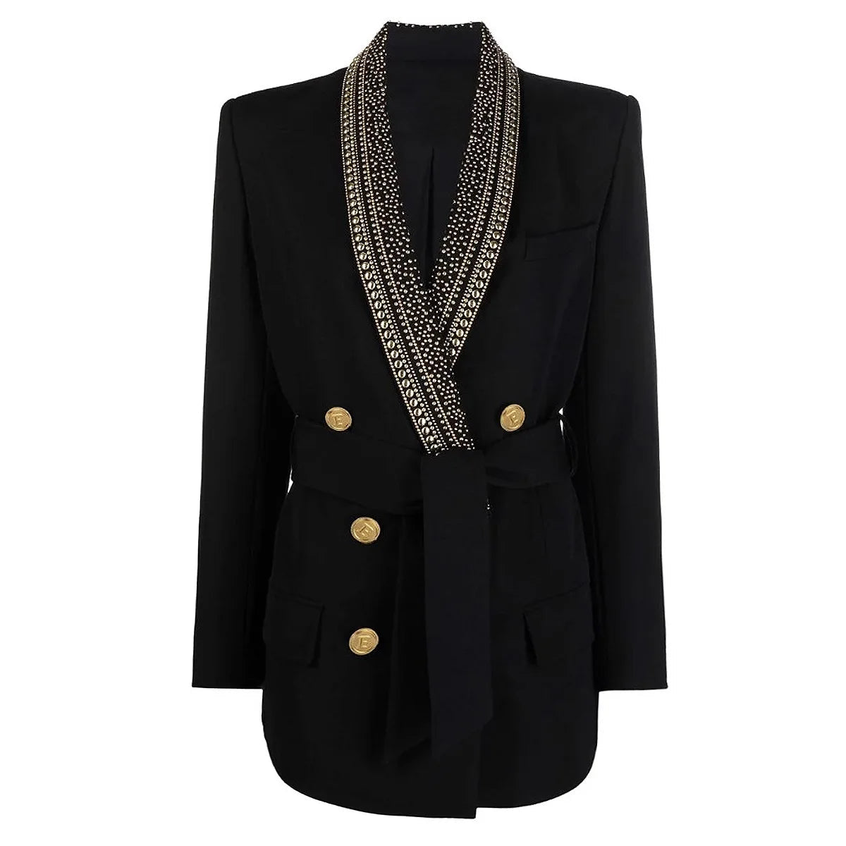 Women's Fashion Cotton Turn-down Metal Beaded Collar Blazer with Belt