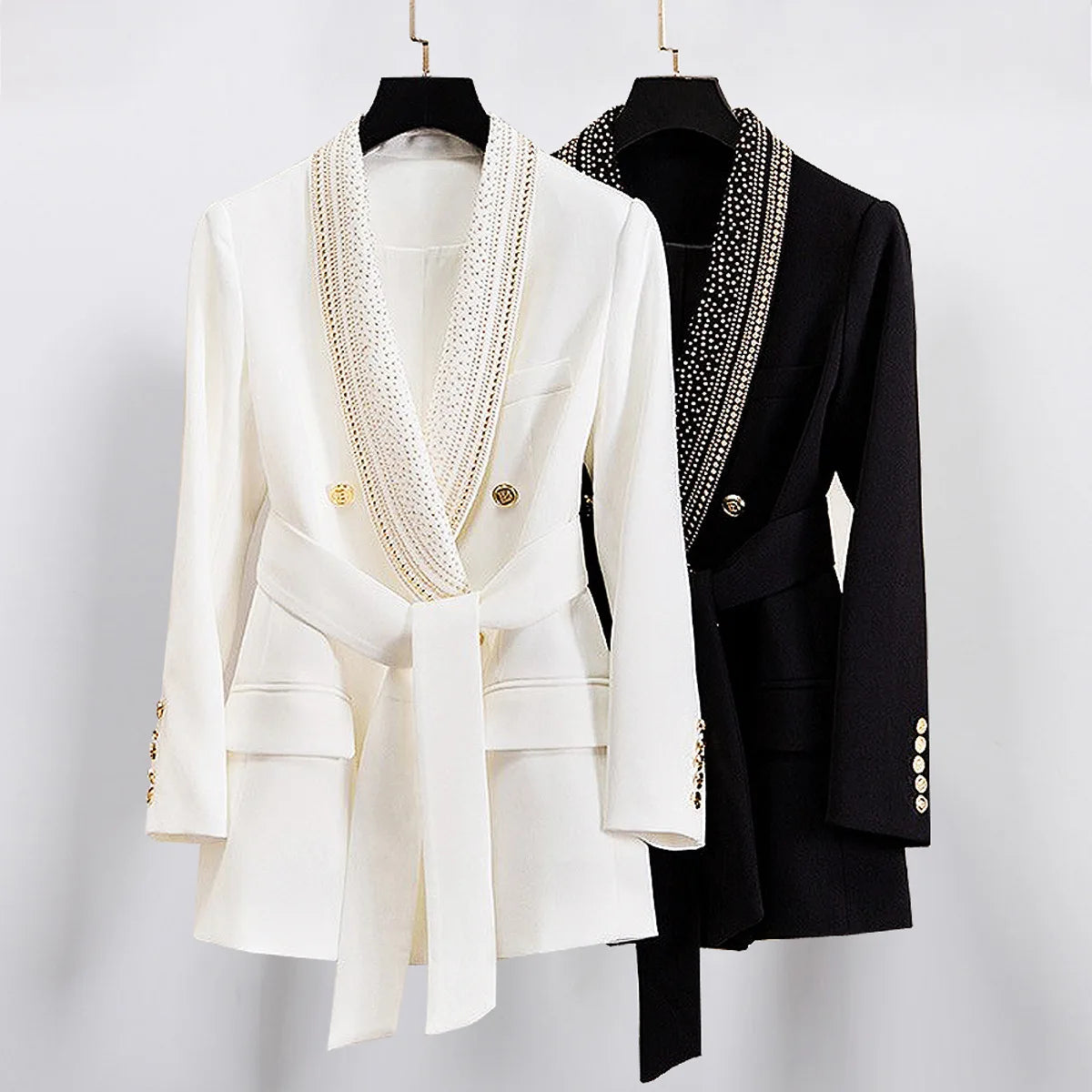 Women's Fashion Cotton Turn-down Metal Beaded Collar Blazer with Belt