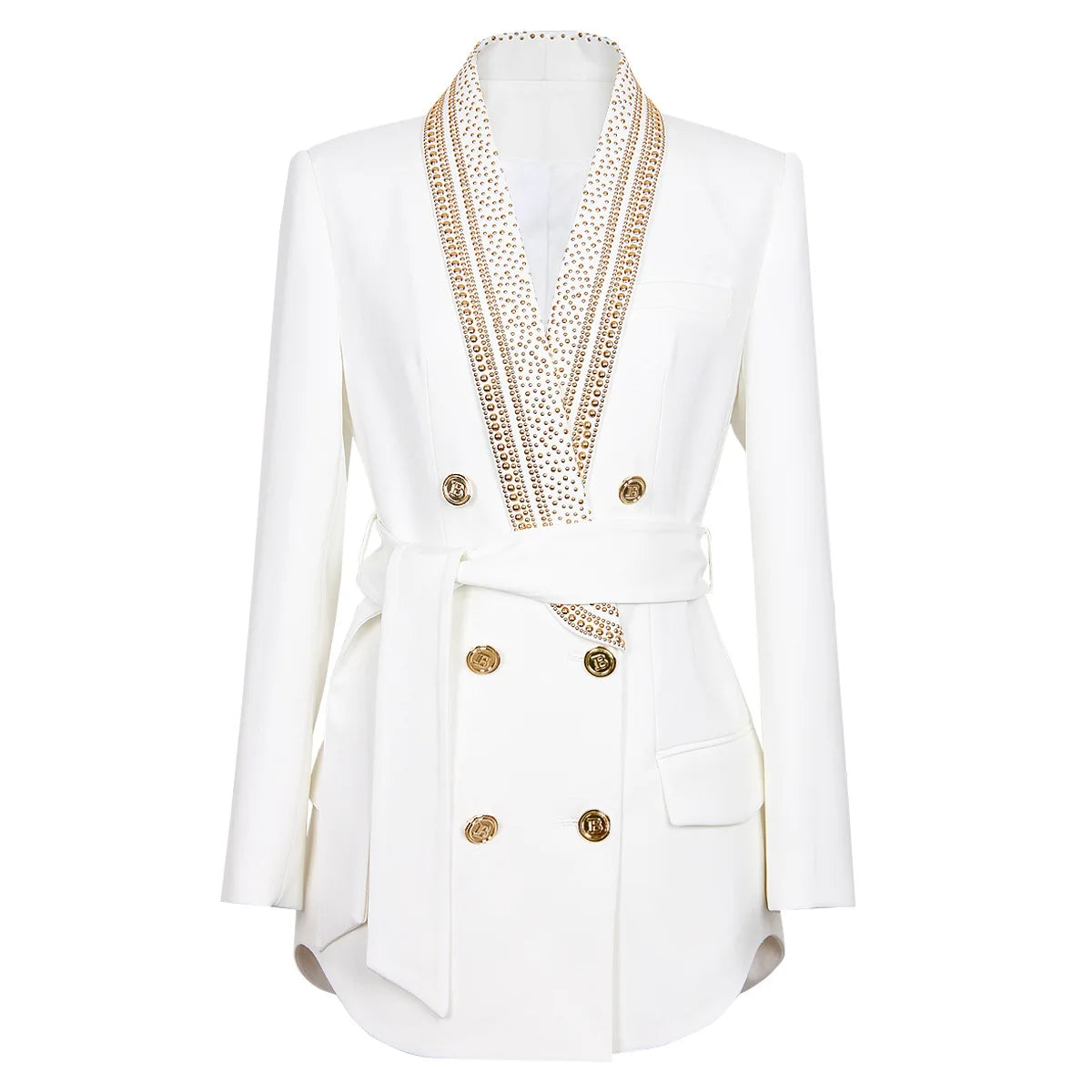 Women's Fashion Cotton Turn-down Metal Beaded Collar Blazer with Belt